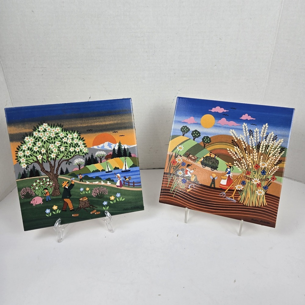 2 Barbara Furstenhofer 8x8" Ceramic Art Tiles Seasonal Countryside Scenes VIDEO